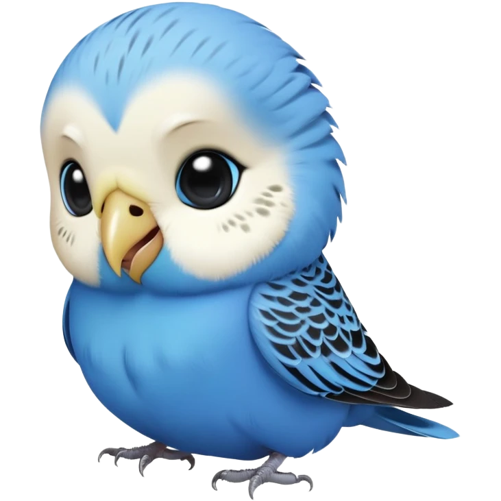 cinematic-cute-blue-budgie-portrait-emoji,-head-tilted-playfully-and-inquisitively,-featuring-a-brilliant-blue-feathered-fur-and white and black feathered face-with-a-natural-sheen,-round,-sparkling-dark-eyes-filled-with-curiosity,-simplified-yet-irresistibly-adorable emoji
