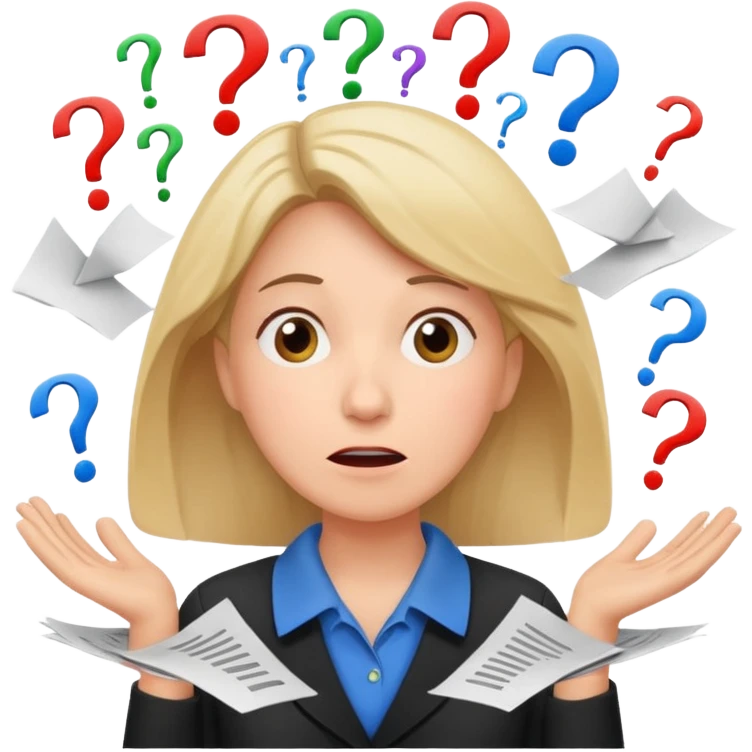 A kindergarden teacher with an overwhelmed expression, surrounded by flying papers and question marks. emoji
