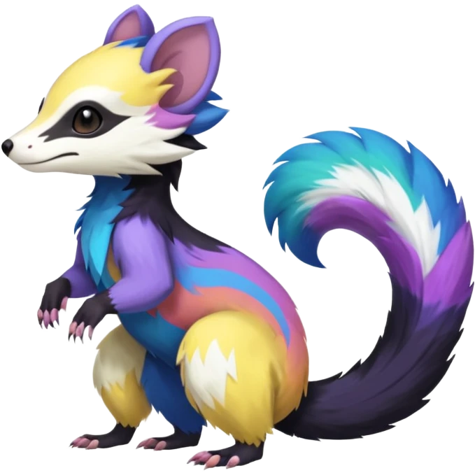 Colorful diaphanous Trico-Sergal-Skunk-Ferret-Furret-Marsupial-Vernid-fusion-Fakemon-animal-hybrid-creature, full body emoji
