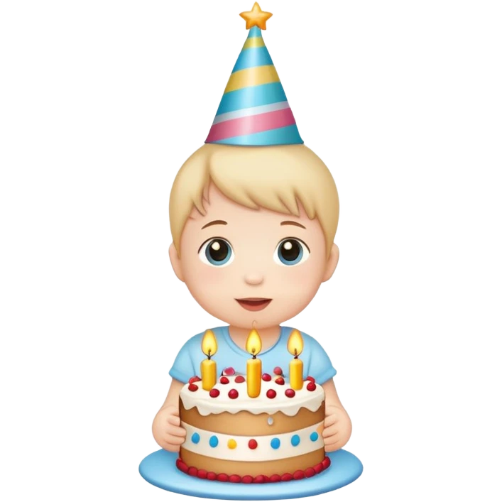 cute baby wearing birthday hat with birthday cake emoji