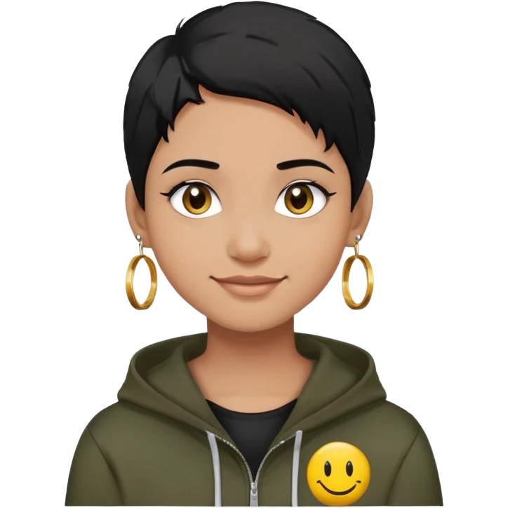 person with military cut black hair, brown eyes, wearing 2 circle earrings and a black hoodie with a smiley face emoji
