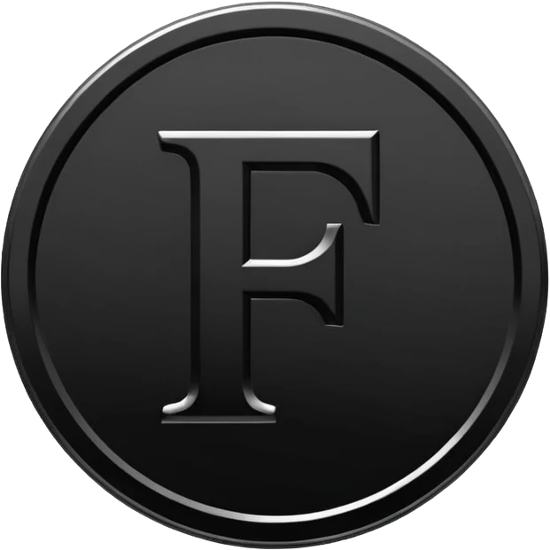 Emoji icon of a black coin with engraved letter F, minimalist style, isolated, only black color emoji