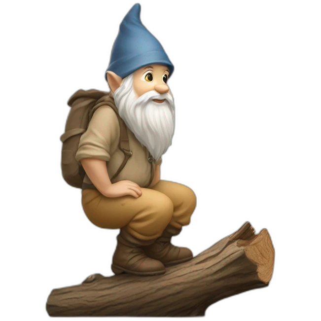 side view of gnome with light tan pants squatting above tiny brown log emoji