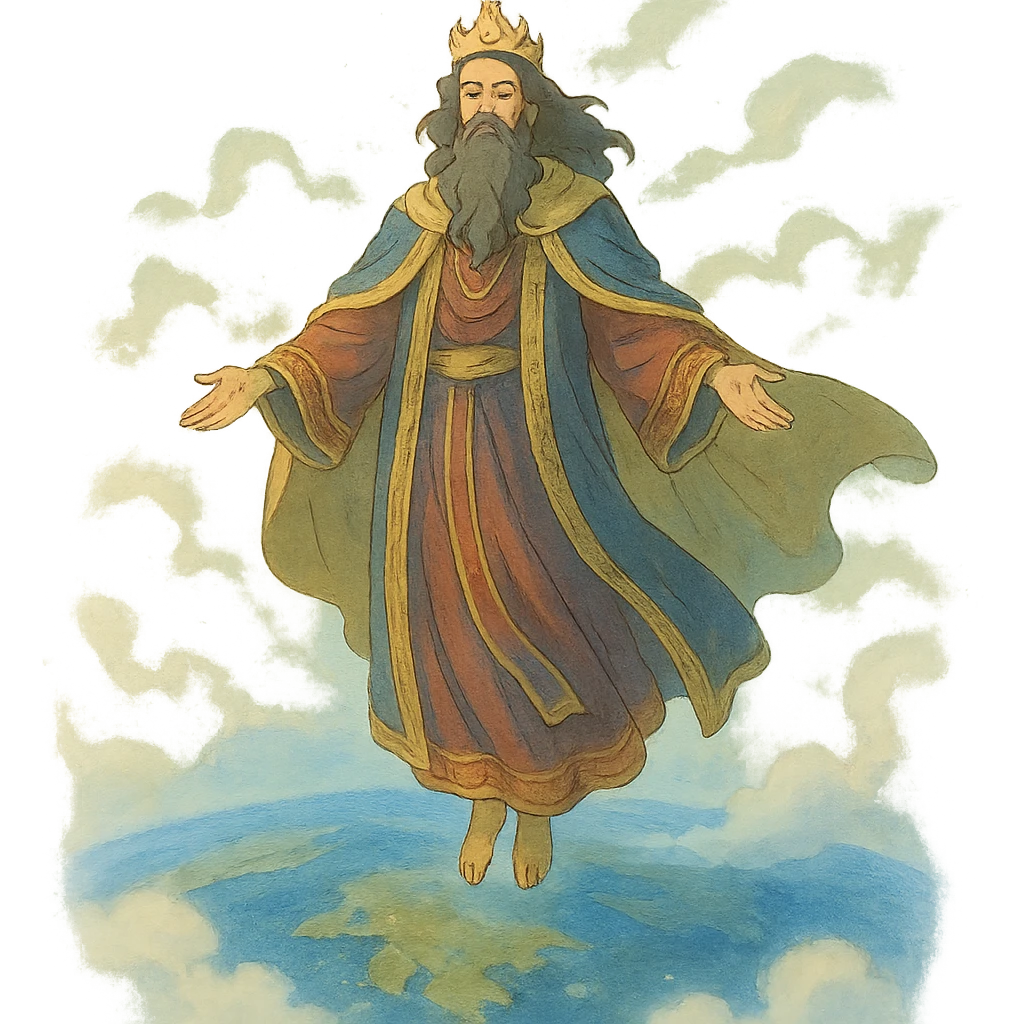 ghibli style godlike man with regal robes, floating above the world, ethereal atmosphere emoji