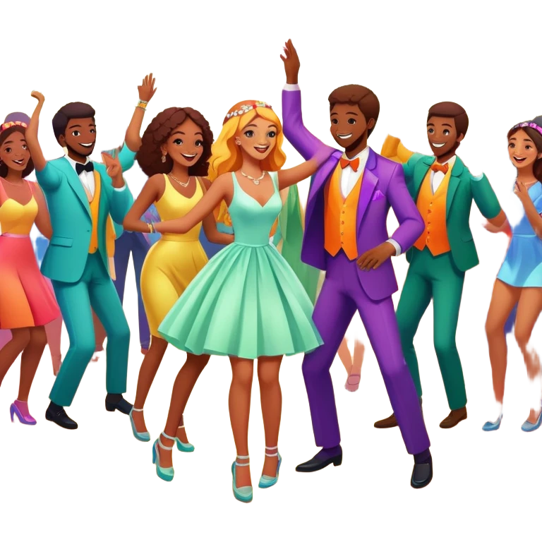 Wedding guests dancing on dance floor with cannabis, colorful party atmosphere, disco lights, cheerful cartoon style emoji