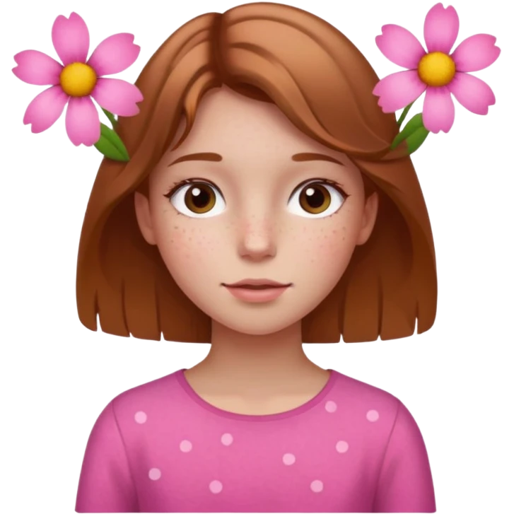 Girl with With light brown hair and a summer pink flower on her head and freckles emoji