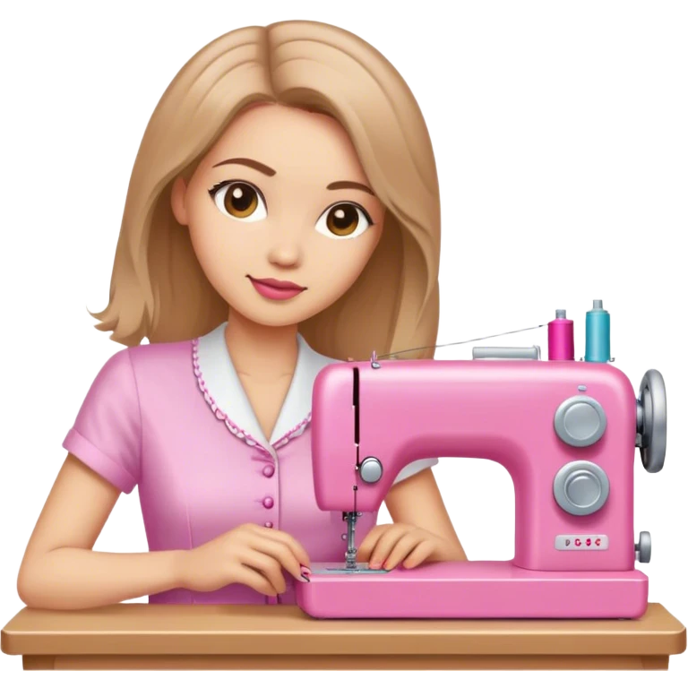 Mujer bonita cabello a la altura de hombros color marrón claro costurera con máquina de coser rosada  emoji