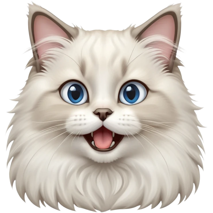 cinematic-adorable-big-eyed-fluffy-ragdoll-cat-portrait-emoji,-head-tilted-playfully-with-a-cute,-yawn,-white and grey fur,-simplified-yet-irresistibly-cute-features, blue eyes emoji