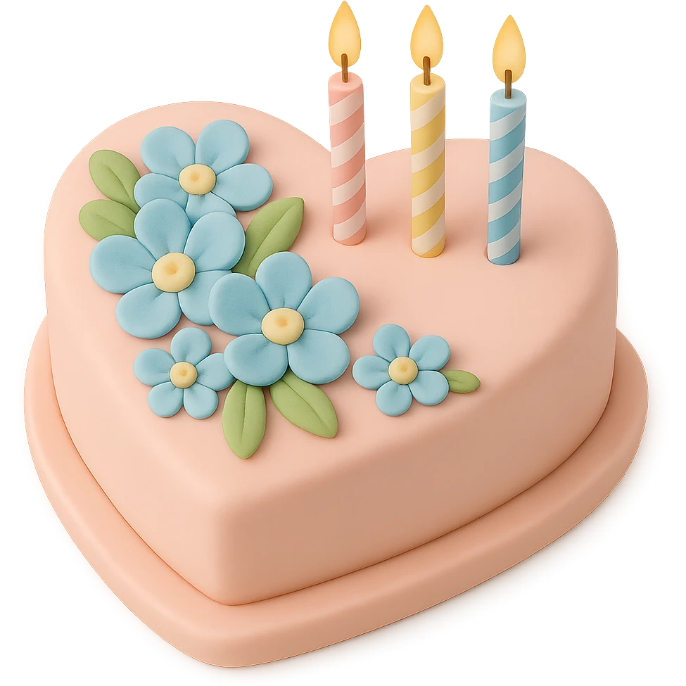 Add birthday candles to the heart-shaped fondant cake with blue flowers, fondant cake art style, keep transparent background. emoji