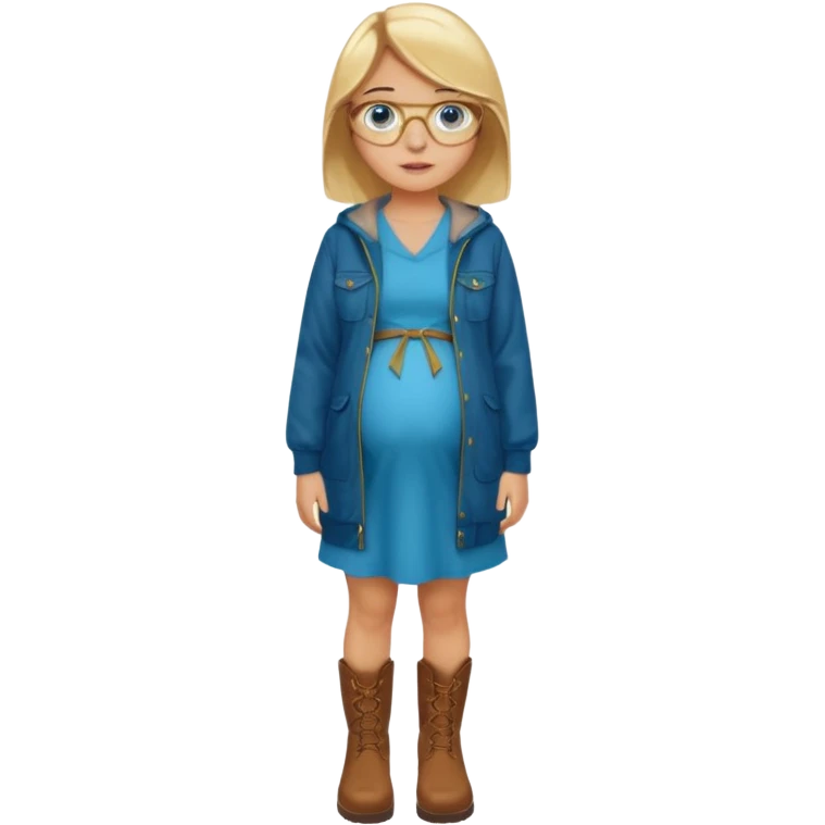 18 year-old pregnant between blonde and brown haired girl with golden glasses with blue eyes in a long bright blue dress and a dark green jacket over the dress and brown boots standing sassily emoji