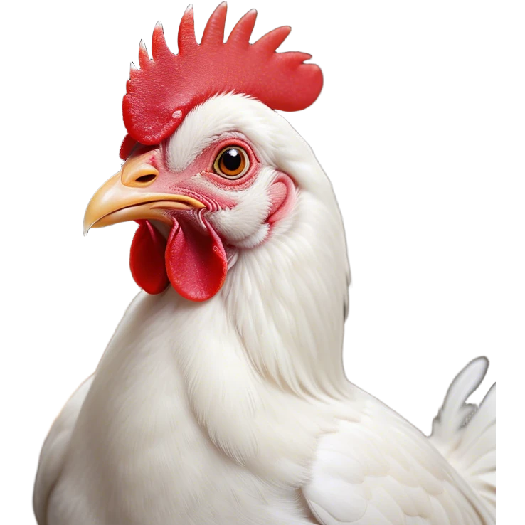 Cinematic Cute White Chicken Portrait Emoji, Head tilted playfully and inquisitively, featuring smooth, immaculate white feathers and a delicate red comb, round, sparkling beady eyes filled with curiosity, Simplified yet irresistibly adorable features, highly detailed, glowing with a warm, friendly glow, high shine, affectionate and lively, stylized with a touch of farmyard whimsy, bright and endearing, soft glowing outline, capturing the essence of a mischievous yet loving chicken, so playful it feels like it could peck out of the screen and into your arms! emoji