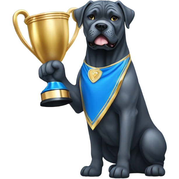 A happy Blue Cane Corso in a blue and gold holding a huge trophy. emoji