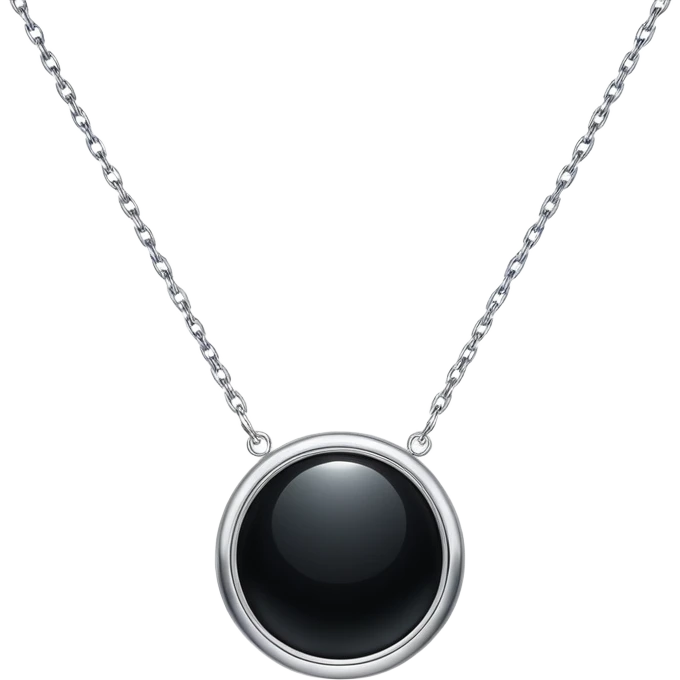 onyx pendant with mirror-like surface, suspended from a shimmering silver chain, radiating quiet magic emoji