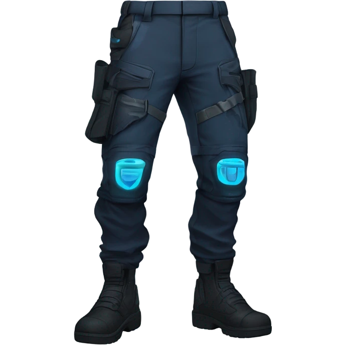 Futuristic slim-fit tactical pants with armored knee pads, glowing blue accents, and utility pockets, designed for an anime hero. Dark color scheme (black/navy) with cyberpunk details, tapering towards boots and matching a tactical jacket. emoji