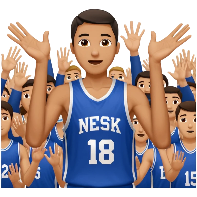 Maverick Trevillian in the crowd at an amateur basketball game. He leans towards the camera and enthusiastically shouts "six seven while performing a distinctive hand gesture: both hands open, palms facing upward, moving up and down as if weighing two options. emoji