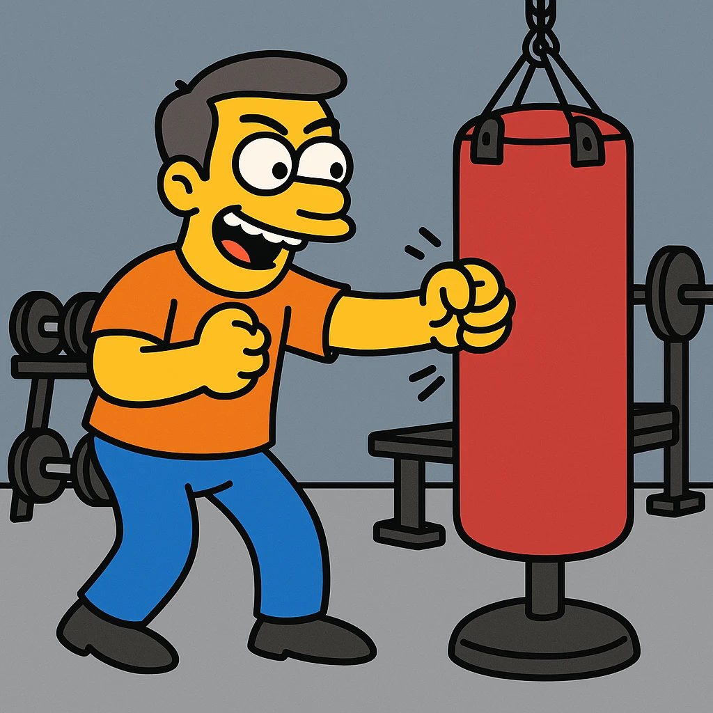 Hit a punching bag – to punch a padded bag for exercise or stress relief.
He went to the gym to hit a punching bag and blow off steam. Background Gym
 emoji