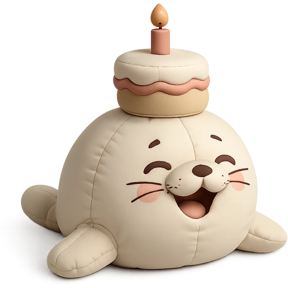 cutie baby seal balancing cake on head with laughing face in cushion style emoji