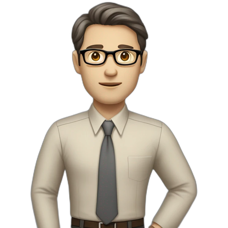 Full height Pale skinned Fit Man With dark brown hair in classic gray suit, beige office shirt, dark gray tie, and vintage glasses. His right hand stretched out emoji