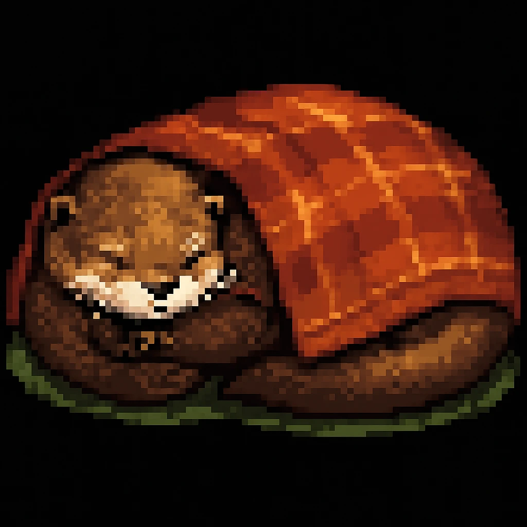 Make the image a pixel art style: Add a cozy blanket draped over the sleeping otter, keep pixel art style and colors emoji