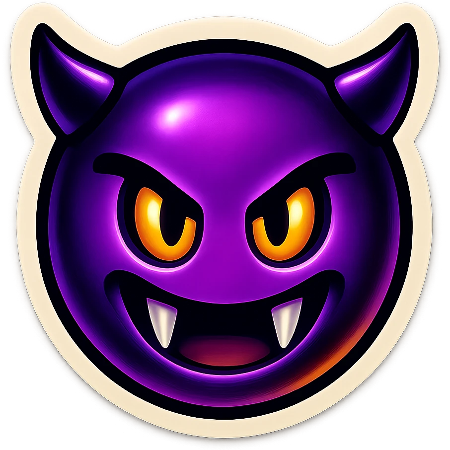 devil emoji, neon purple and black colors, sharp fangs, glowing yellow eyes, dramatic shadows, neon palette, vibrant neon style emoji