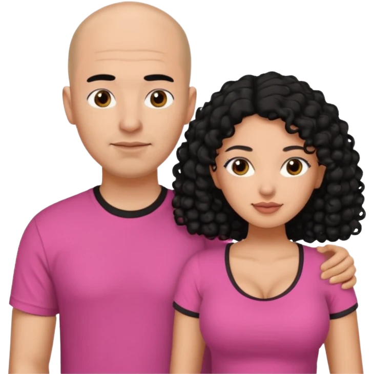 A picture if a couple. the man is a Mexican man with  black hair, a bald hair cut and with a black t-shirt on. the woman is mixed with black and white, with brown curly long hair and a pink shirt on and big boobs emoji