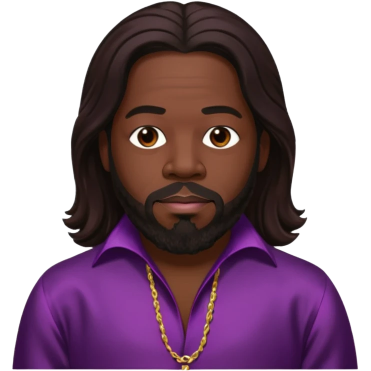 Barry White with long dark brown hair, dark plum silk outfit emoji