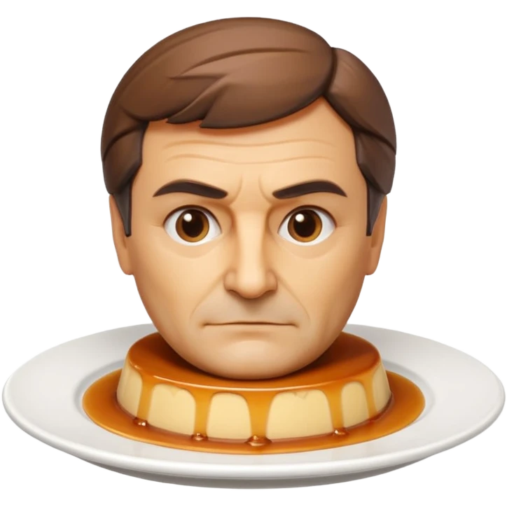 flan dessert sculpted as the bust and head of François Fillon, realistic flan texture, caramel hair, on a round white plate emoji