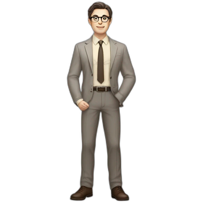 Full height Pale skinned Fit Man With dark brown hair in gray jacket, beige office shirt, tie, Brown pants and vintage glasses. Thrumbs of his palms directed up emoji
