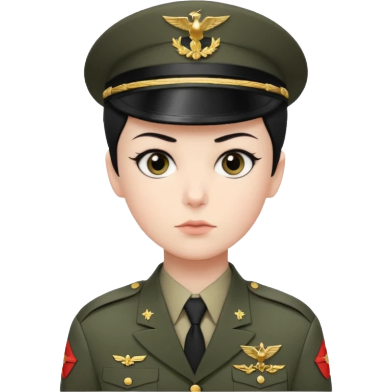 short black neat hair, sharp dark gray eyes, pale skin, serious expression, wearing military uniform, upright posture, minimal accessories, sharp and precise styleDog wizard emoji