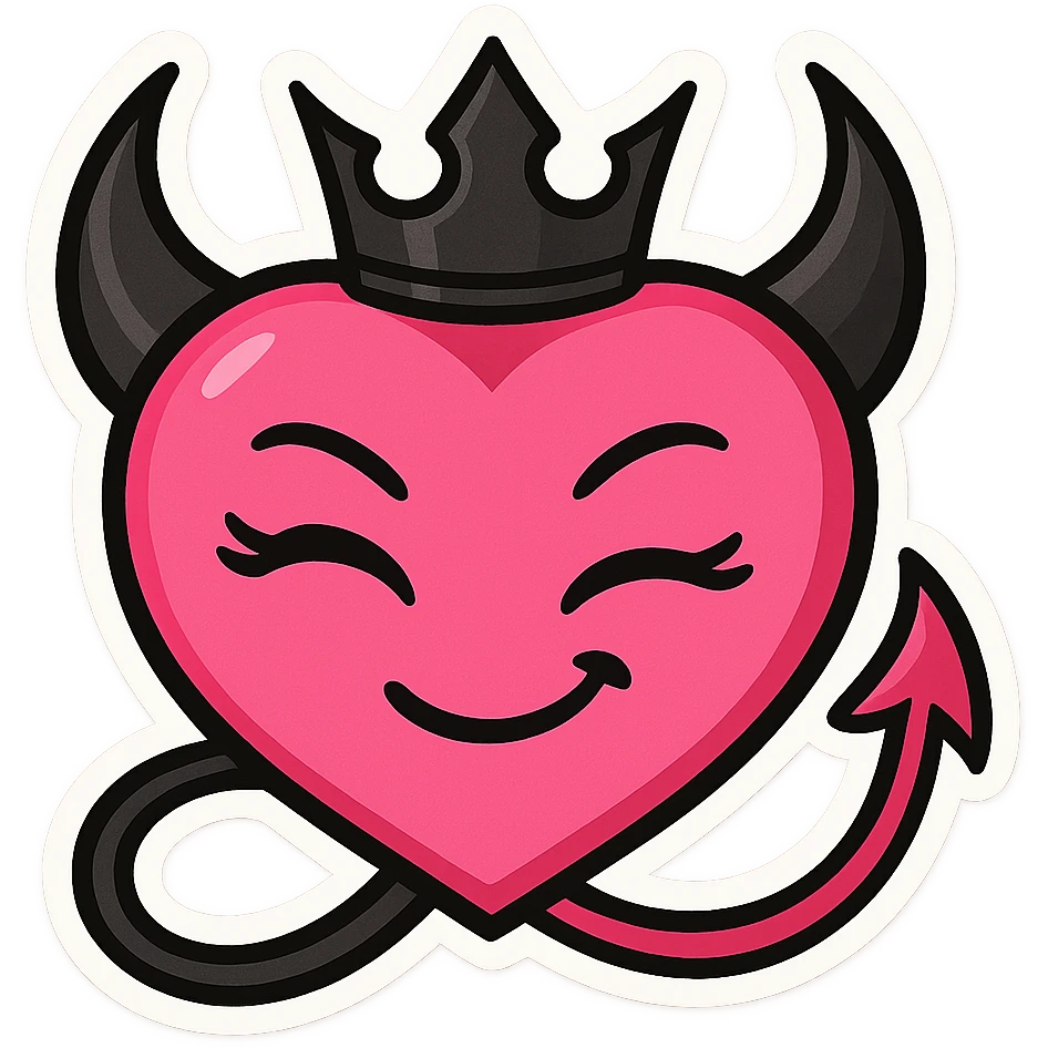 devil emoji, chibi style, hot pink and black colors, heart-shaped face, elegant horns, playful smile, modern aesthetic, crown accessory emoji