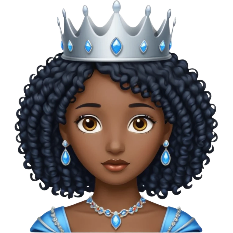 Por favor hazme el emoji de la princesa pero morena con el pelo negro y rizado, los ojos marrones y la corona plateada con jollas azules emoji