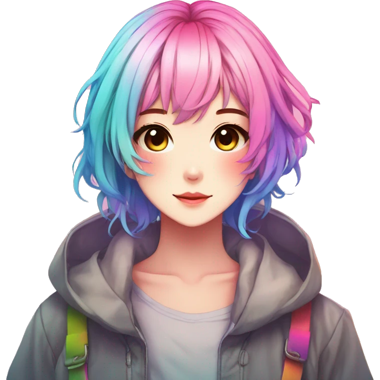Gorgeous anime style shojo character with blushing face aesthetic and pretty colorful shiny gradient neon rainbow hair with hair garment trending style emoji