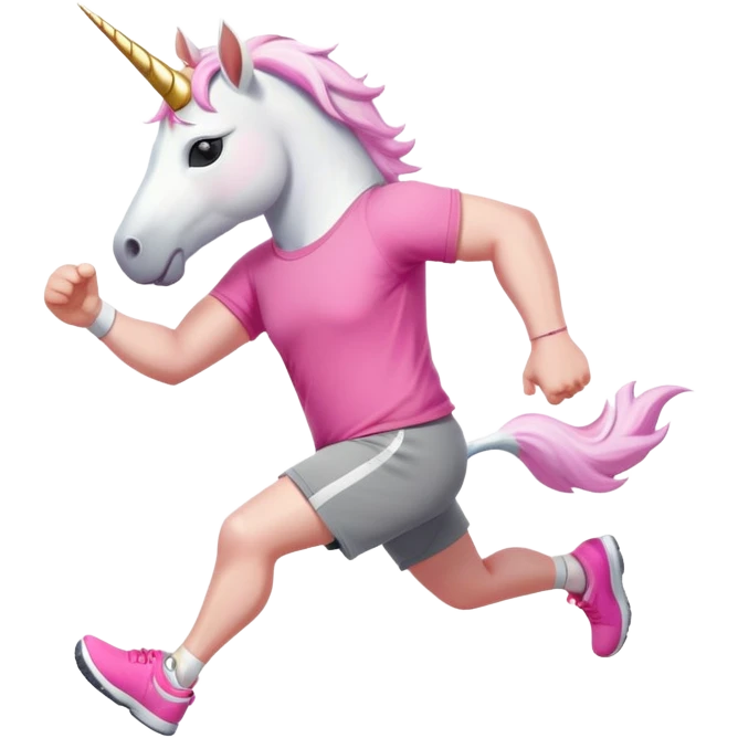 friendly anthropomorphised male white unicorn with a stocky, strong build, white arms and legs, wearing grey shorts and pink t-shirt, dark sunglasses, jogging upright in a relaxed pose emoji