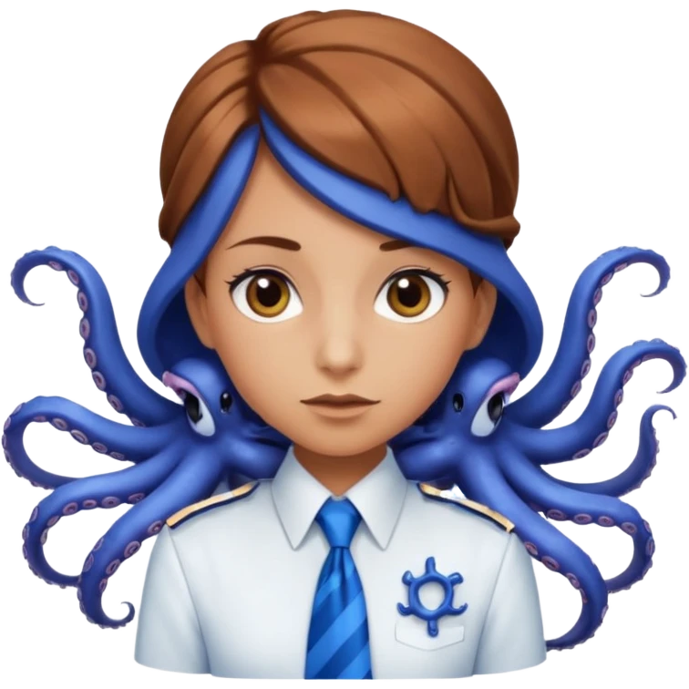 tanned, Doe hazel eyes, Octopus hair cut, White uniform top with blue tie, blue long skirt, Long lashes  emoji