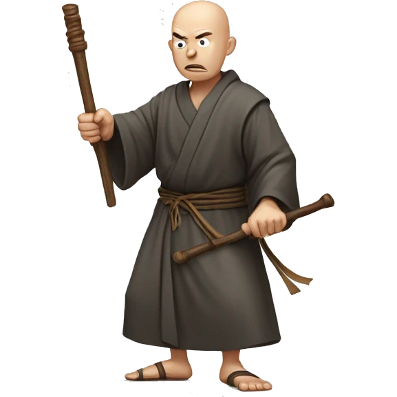 An illustration of a bald monk in traditional robe he is angry, mid-action, wielding a wooden staff. He strikes with precision, showing focus and strength, in a cartoon-like style emoji