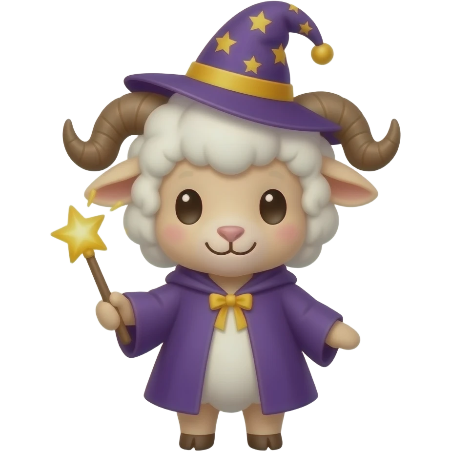 cute ram with horns, a wizard hat and a magic wand. Magic sparkles around it emoji