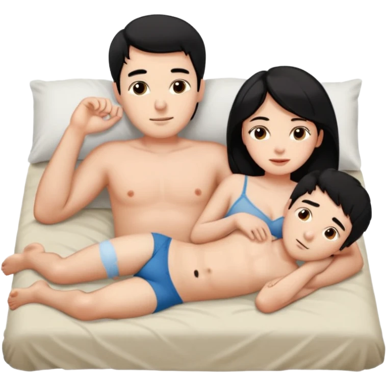 Мужчина и женщина спять в одной кровати, муж - черные волосы, в трусах лежит прямо на спину. На правой руке лежит голая девушка.на левый в бок, на правой руке мужа. Жена поставила правую ногу на живот мужа. emoji