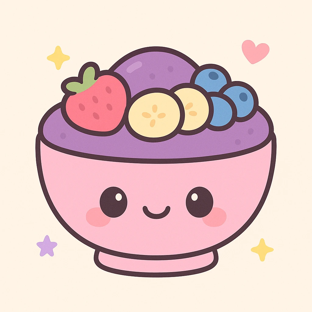 Mighty Purple acai bowl, kawaii style, cute face on bowl, purple acai, playful fruit toppings emoji
