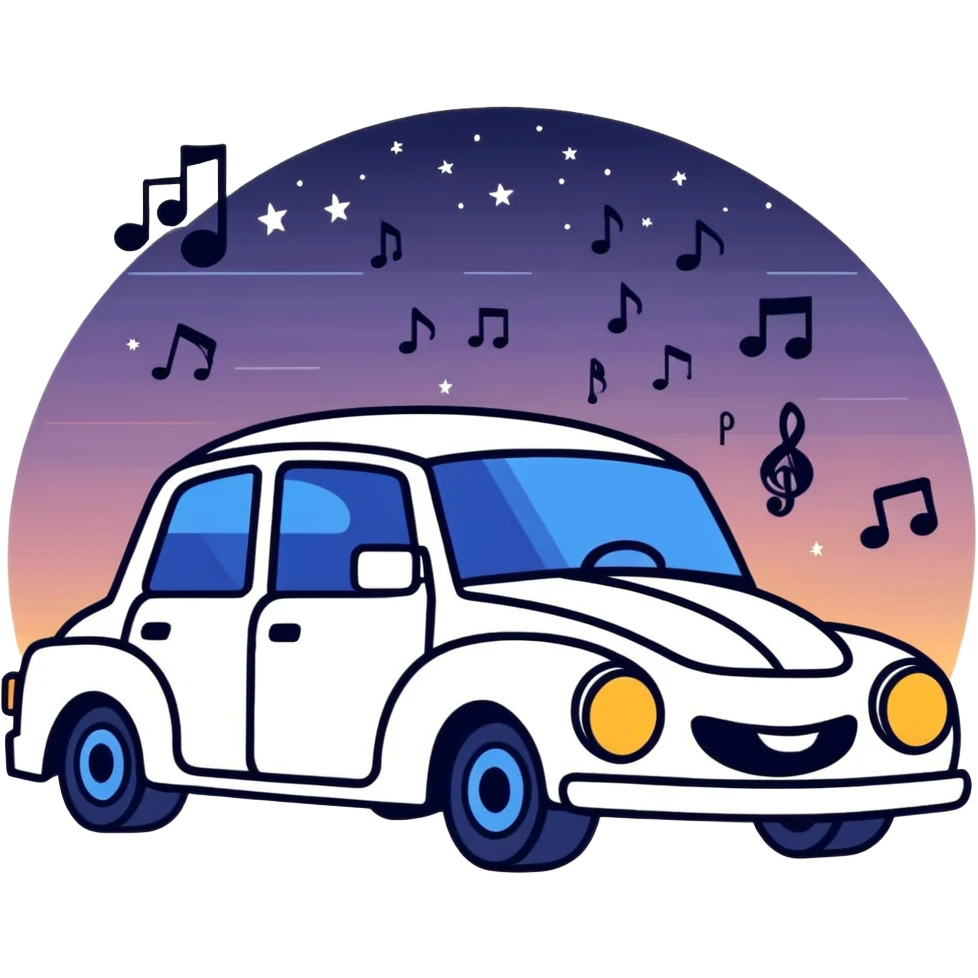 Car with music notes going out of it and it’s night emoji