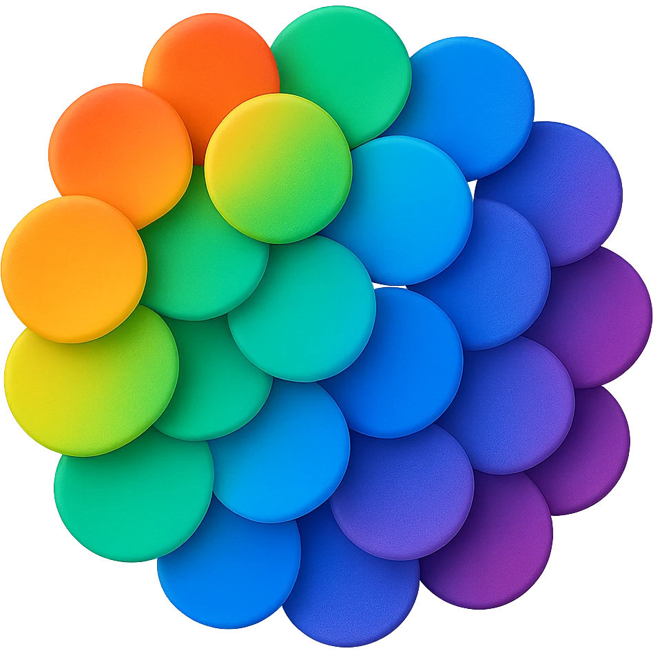 Arrange the rainbow gradient dots in a tight cluster, overlapping slightly, keeping the style smooth and colorful with no background. The style should be smooth and colorful rainbow gradient. emoji