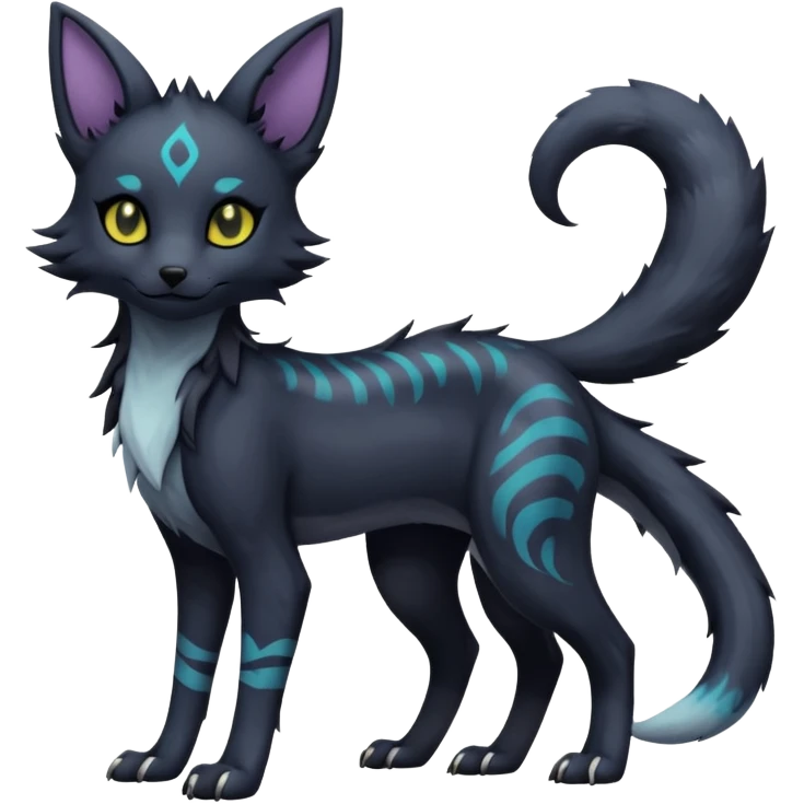 Kawaii dark edgy gloomy dusky dull-colored fantasy ethereal feline-vernid-sergal-umbreon-fursona animal creature with a tufted tail full body with intricate markings  emoji