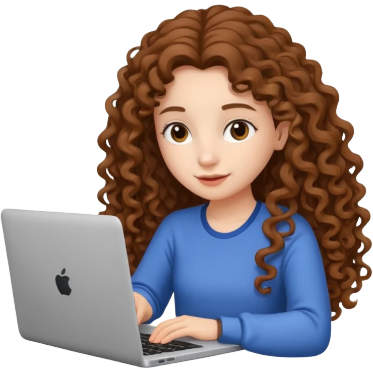 A girl with long curly hair is preparing for IELTS online with a laptop. emoji