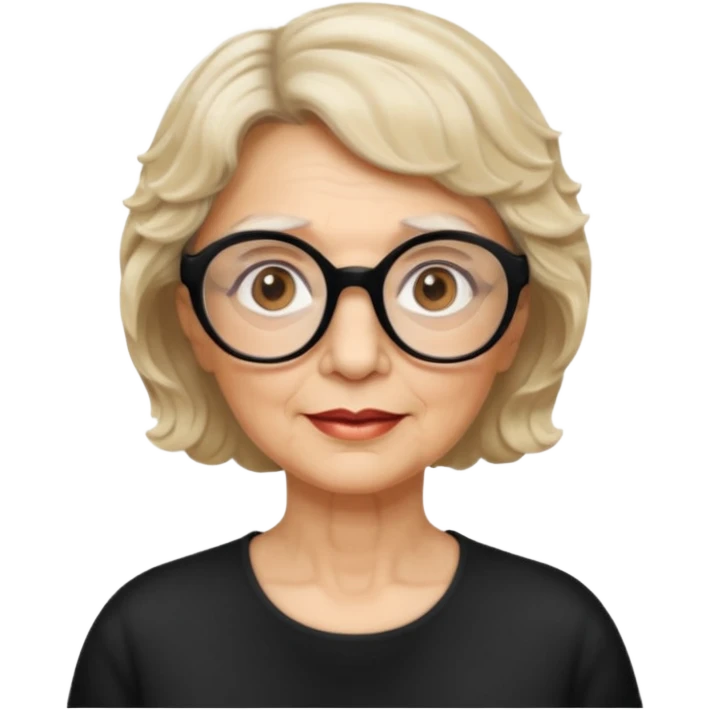 woman 70 years old, short blonde weavy hair, brown eyes and round dark glasses emoji