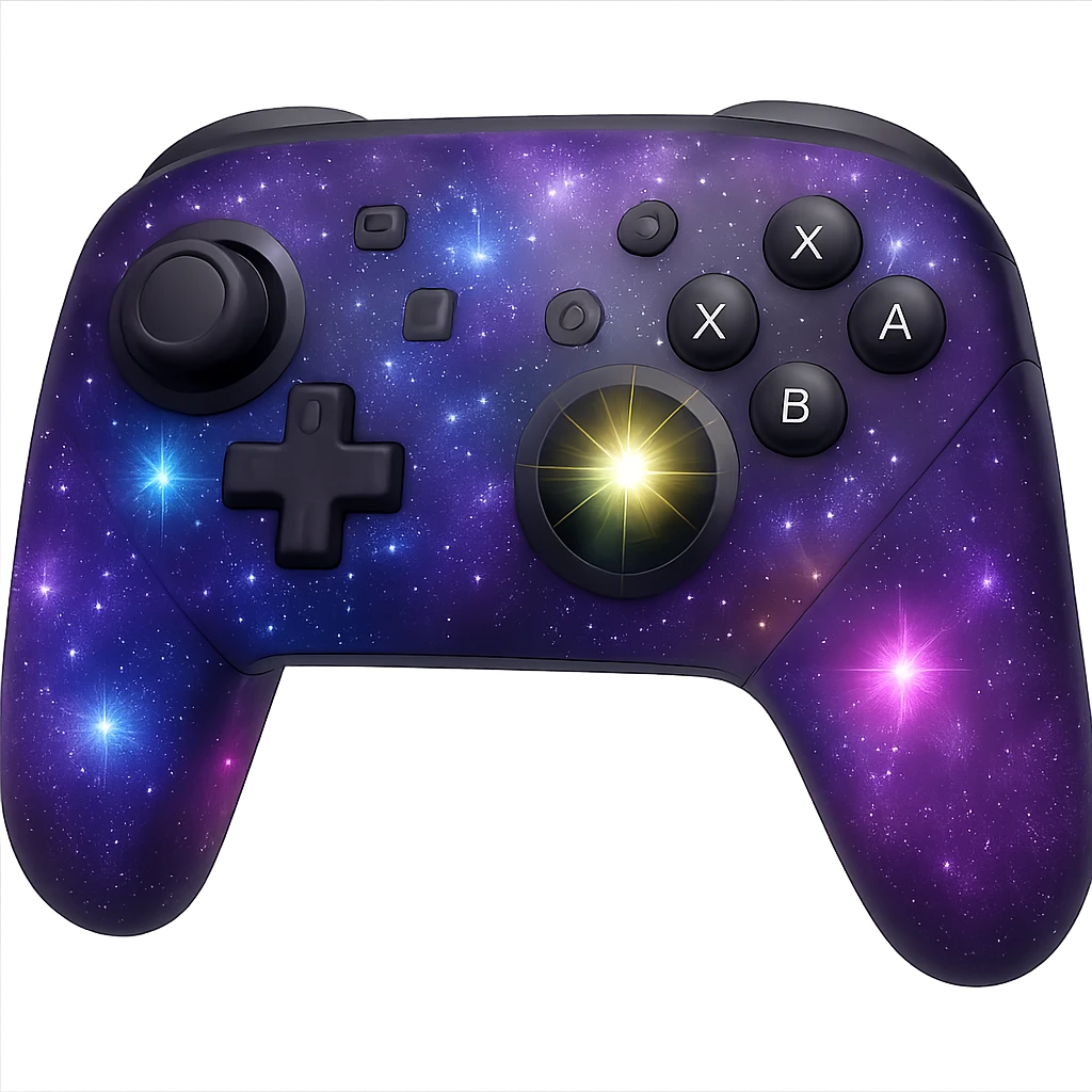 Nintendo Switch Pro controller decorated with a purple galaxy pattern, RGB light-up stars, radiant and energetic emoji