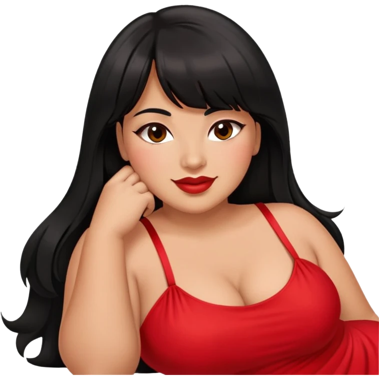 Latina medium skin tone with bangs black long hair plus size sexy red dress laying down and eye winking emoji