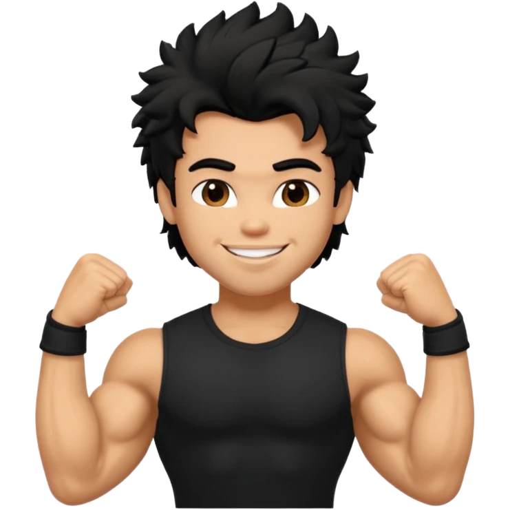 a pretty bratz guy with black hair with big muscles and shaggy hair in a tight black tee smiling emoji