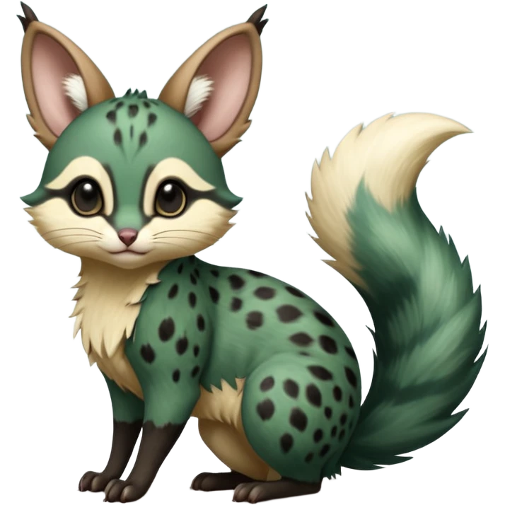 Dark-Green, black-pointed, soft natural realistic romantic vintage antique divine beautiful elegant pretty precious cute young youthful  Fakémon-Pokémon-alien-opossum-squirrel-feline-serval-caracal-chinchilla-Minccino-Cinccino-Meowstic-rodent-hybrid-creature with a big fluffy bushy tail (full body) emoji