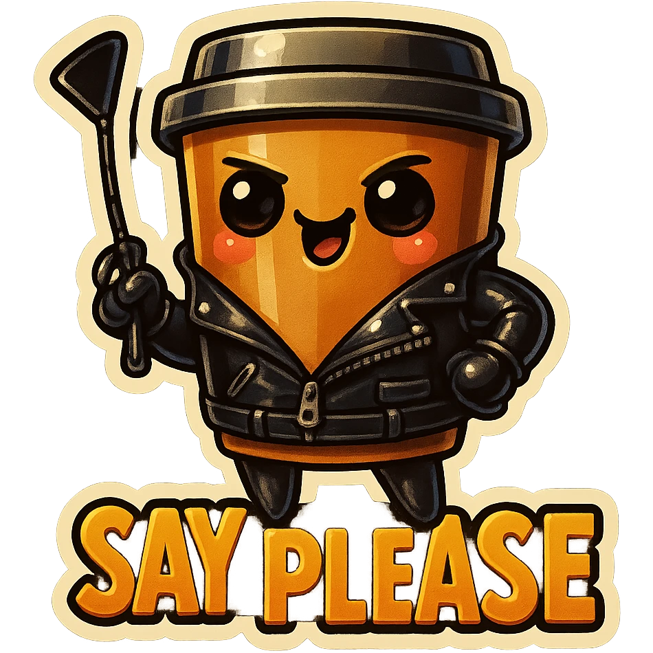 Tall coffee cup, dressed in leather holding a whipping crop, mischevious, "big "Say Please" emoji