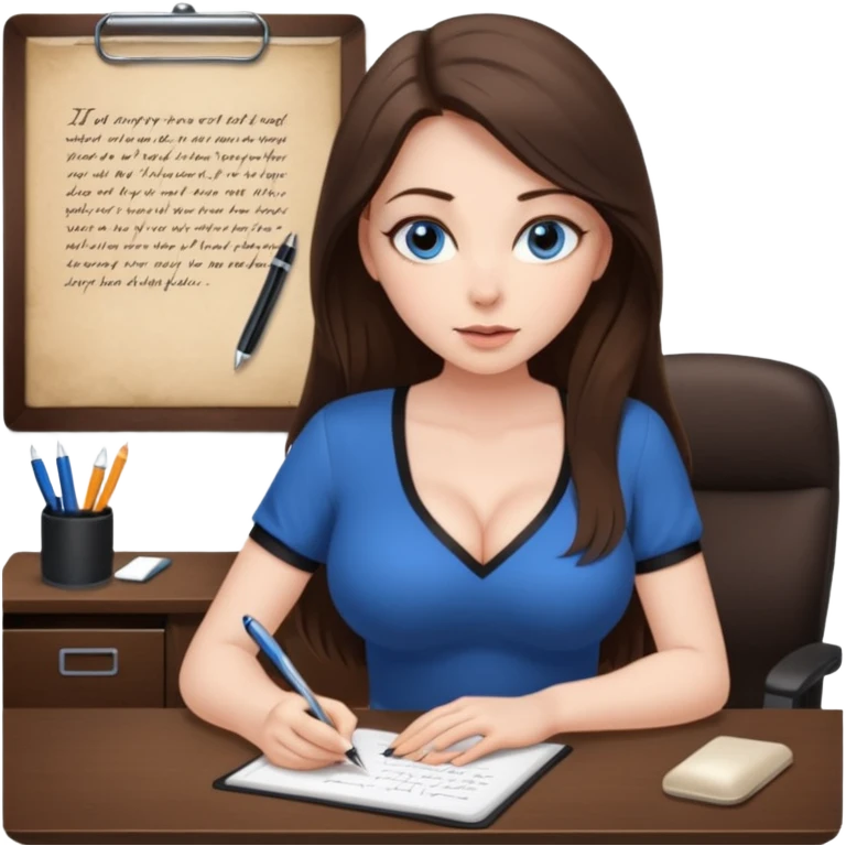 sexy woman brunette, very large breasts, pale skin, blue eyes, long brown hair, tight pale low cut  blouse, short black skirt. at desk emoji