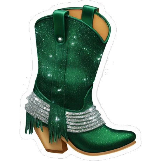 Realistic dark green fashion cowgirl boots with sparkly shiny glitter fringe on them. emoji